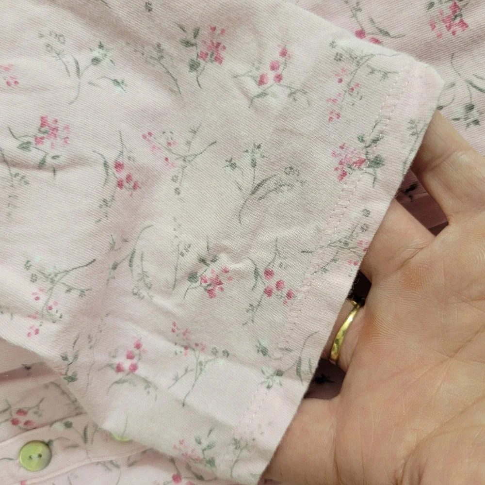 Eileen West Jersey Knit Long Sleeve Short Pink Floral Cotton Nightgown sz L EUC‎